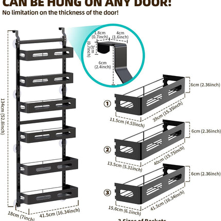 CARLA HOME 6 Tier Over the Door Organizer with Adjustable Metal Pantry Storage Rack and Hanging Baskets for Kitchen and Bathroom.