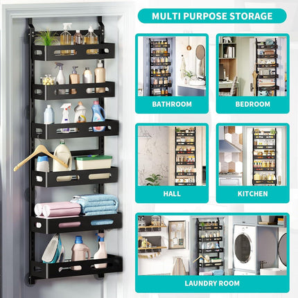 CARLA HOME 6 Tier Over the Door Organizer with Adjustable Metal Pantry Storage Rack and Hanging Baskets for Kitchen and Bathroom.