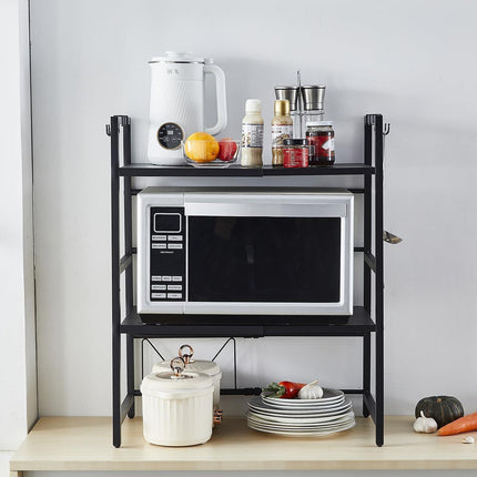 CARLA HOME 3-Tier Microwave Oven Rack with Adjustable Metal Kitchen Shelf Stand for Countertop Storage and 6 Hooks for Utensils.