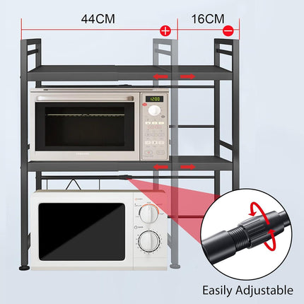 CARLA HOME 3-Tier Microwave Oven Rack with Adjustable Metal Kitchen Shelf Stand for Countertop Storage and 6 Hooks for Utensils.