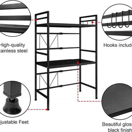 CARLA HOME 3-Tier Microwave Oven Rack with Adjustable Metal Kitchen Shelf Stand for Countertop Storage and 6 Hooks for Utensils.