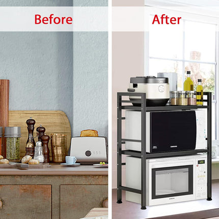 CARLA HOME 3-Tier Microwave Oven Rack with Adjustable Metal Kitchen Shelf Stand for Countertop Storage and 6 Hooks for Utensils.