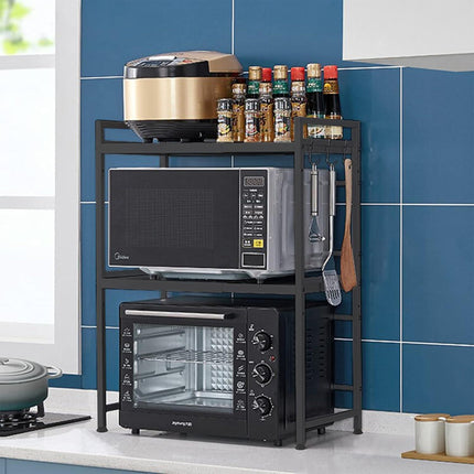 CARLA HOME 3-Tier Microwave Oven Rack with Adjustable Metal Kitchen Shelf Stand for Countertop Storage and 6 Hooks for Utensils.