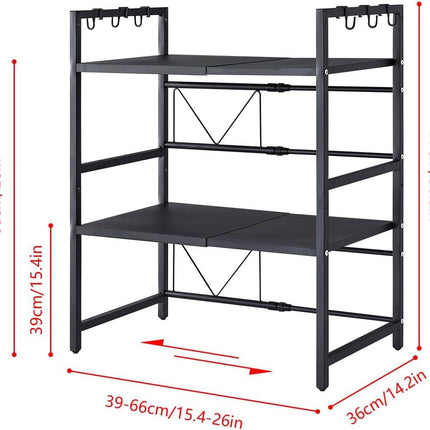 CARLA HOME 3-Tier Microwave Oven Rack with Adjustable Metal Kitchen Shelf Stand for Countertop Storage and 6 Hooks for Utensils.