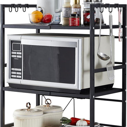 CARLA HOME 3-Tier Microwave Oven Rack with Adjustable Metal Kitchen Shelf Stand for Countertop Storage and 6 Hooks for Utensils.