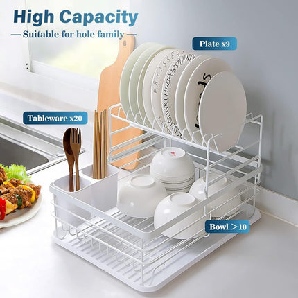 CARLA HOME 2-Tier Dish Drying Rack for Kitchen Counter with Removable Drip Tray, Utensil Holder and Cutlery Organizer.