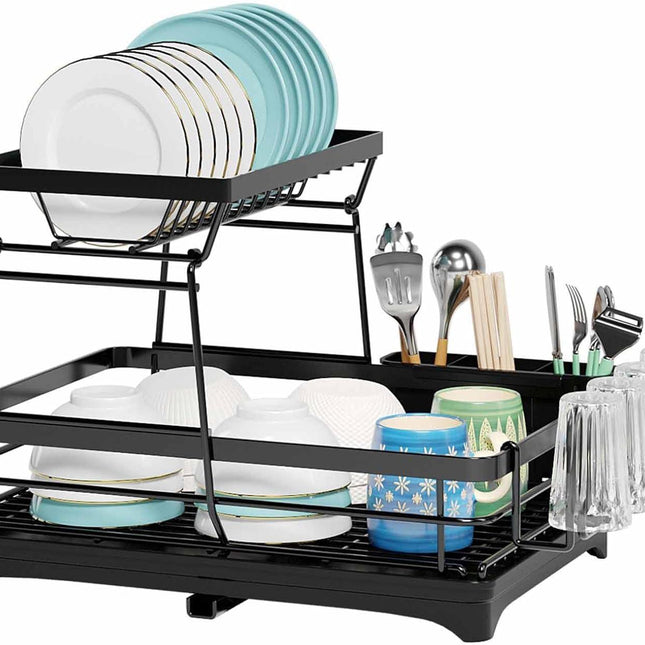 CARLA HOME 2-Tier Dish Drying Rack for Kitchen Counter with Drainboard, Utensil Holder, Cup Rack & Cutlery Organizer.