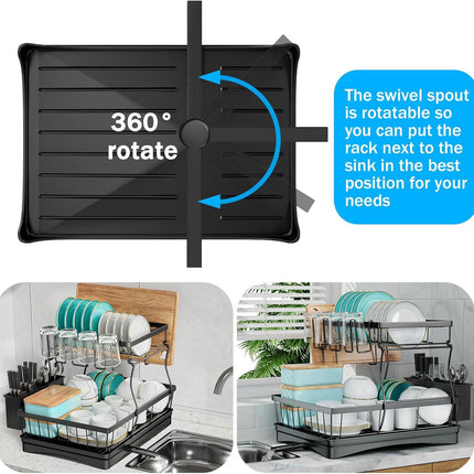 CARLA HOME 2-Tier Dish Drying Rack for Kitchen Counter with Drainboard, Utensil Holder, Cup Rack & Cutlery Organizer.