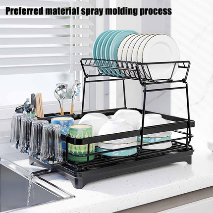 CARLA HOME 2-Tier Dish Drying Rack for Kitchen Counter with Drainboard, Utensil Holder, Cup Rack & Cutlery Organizer.