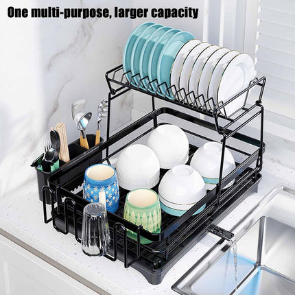 CARLA HOME 2-Tier Dish Drying Rack for Kitchen Counter with Drainboard, Utensil Holder, Cup Rack & Cutlery Organizer.