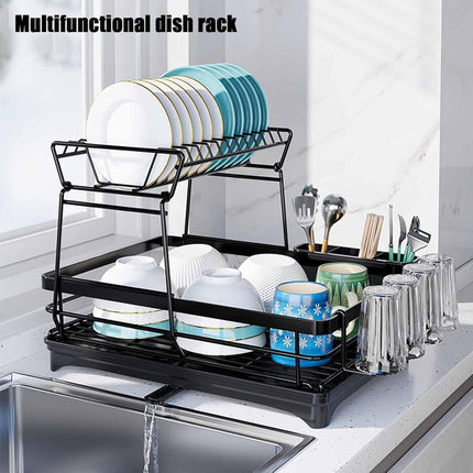 CARLA HOME 2-Tier Dish Drying Rack for Kitchen Counter with Drainboard, Utensil Holder, Cup Rack & Cutlery Organizer.