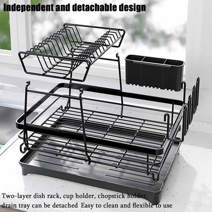 CARLA HOME 2-Tier Dish Drying Rack for Kitchen Counter with Drainboard, Utensil Holder, Cup Rack & Cutlery Organizer.