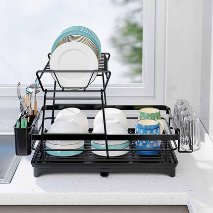 CARLA HOME 2-Tier Dish Drying Rack for Kitchen Counter with Drainboard, Utensil Holder, Cup Rack & Cutlery Organizer.