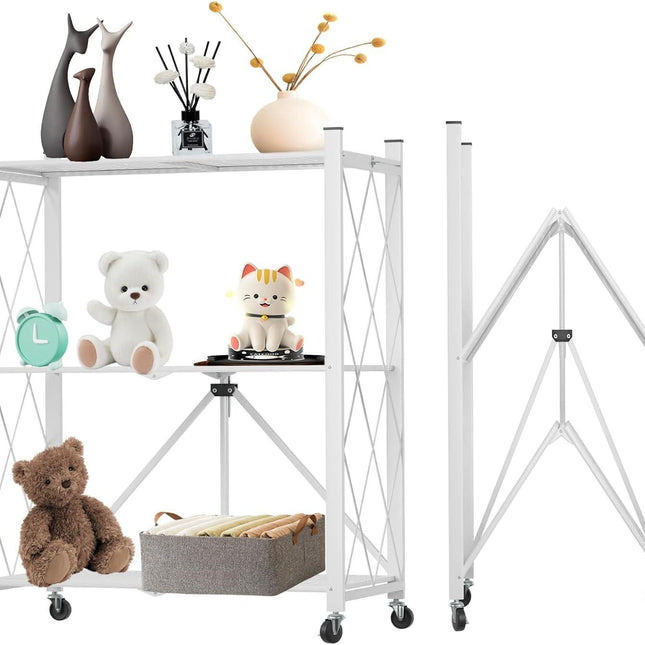 CARLA HOME 3-Tier Foldable Storage Shelf with Wheels for Kitchen, Garage, Pantry or Basement (White).