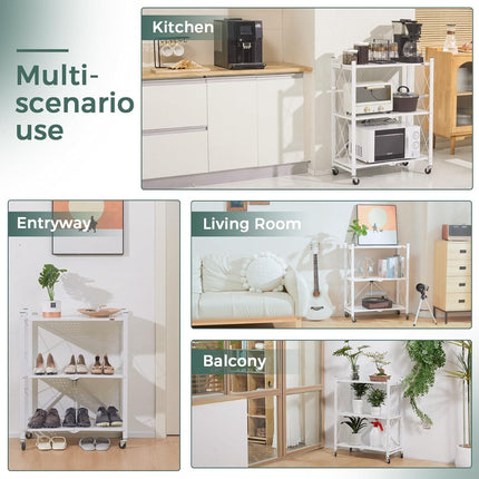 CARLA HOME 3-Tier Foldable Storage Shelf with Wheels for Kitchen, Garage, Pantry or Basement (White).
