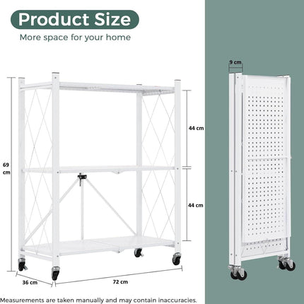 CARLA HOME 3-Tier Foldable Storage Shelf with Wheels for Kitchen, Garage, Pantry or Basement (White).