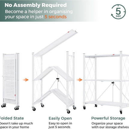 CARLA HOME 3-Tier Foldable Storage Shelf with Wheels for Kitchen, Garage, Pantry or Basement (White).