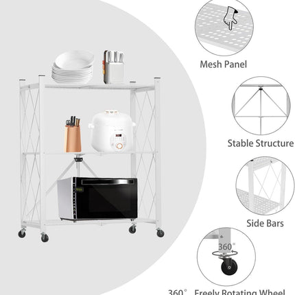 CARLA HOME 3-Tier Foldable Storage Shelf with Wheels for Kitchen, Garage, Pantry or Basement (White).