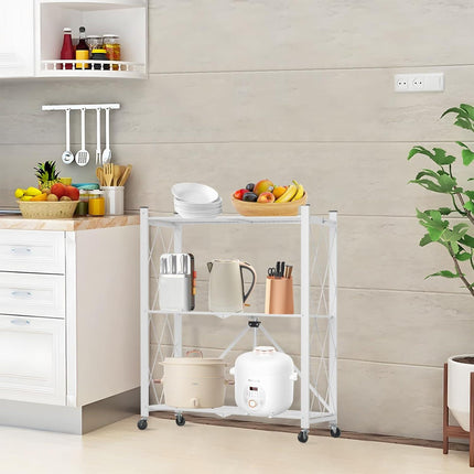 CARLA HOME 3-Tier Foldable Storage Shelf with Wheels for Kitchen, Garage, Pantry or Basement (White).