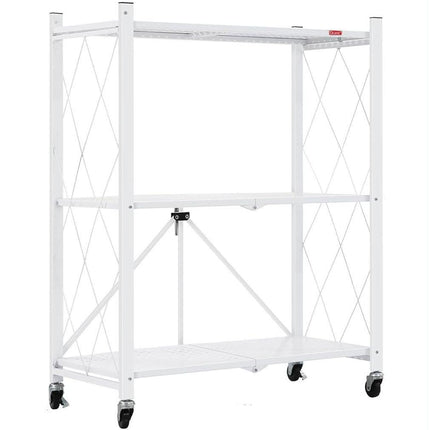 CARLA HOME 3-Tier Foldable Storage Shelf with Wheels for Kitchen, Garage, Pantry or Basement (White).