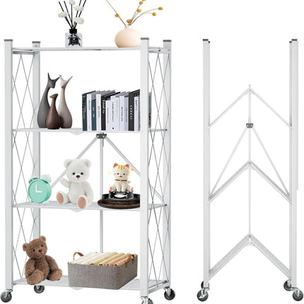 CARLA HOME 4-Tier Foldable Storage Shelf with Wheels for Kitchen, Garage, Pantry or Basement (White).