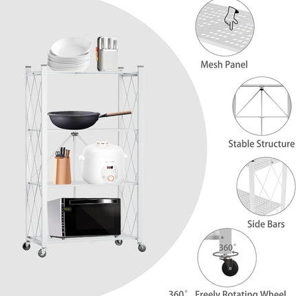 CARLA HOME 4-Tier Foldable Storage Shelf with Wheels for Kitchen, Garage, Pantry or Basement (White).