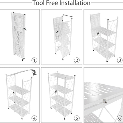 CARLA HOME 4-Tier Foldable Storage Shelf with Wheels for Kitchen, Garage, Pantry or Basement (White).