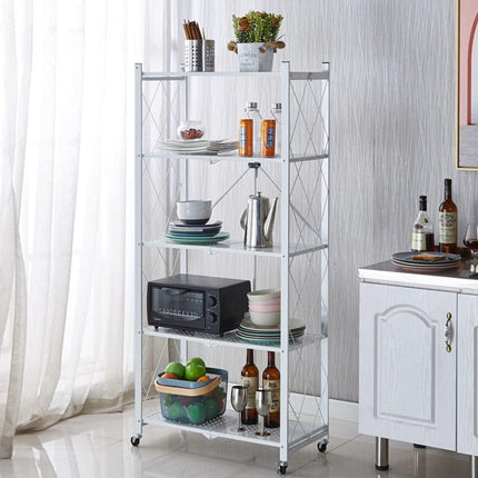 CARLA HOME 5-Tier Foldable Storage Shelf with Wheels for Kitchen, Garage, Pantry or Basement (White).