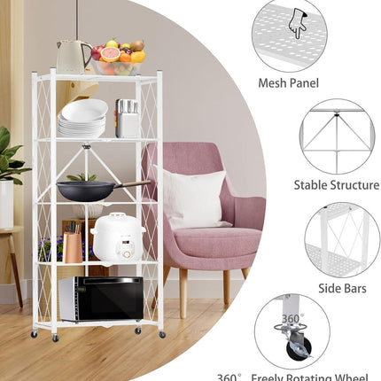 CARLA HOME 5-Tier Foldable Storage Shelf with Wheels for Kitchen, Garage, Pantry or Basement (White).
