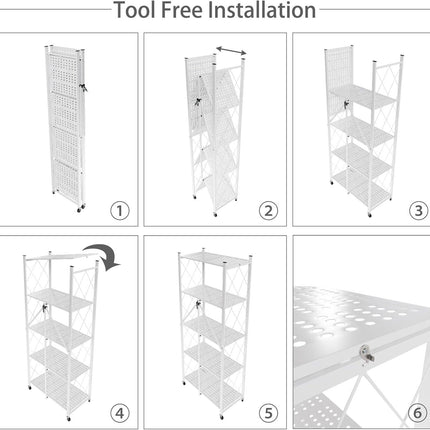 CARLA HOME 5-Tier Foldable Storage Shelf with Wheels for Kitchen, Garage, Pantry or Basement (White).