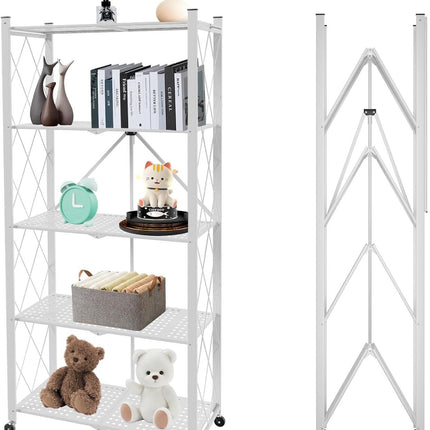 CARLA HOME 5-Tier Foldable Storage Shelf with Wheels for Kitchen, Garage, Pantry or Basement (White).