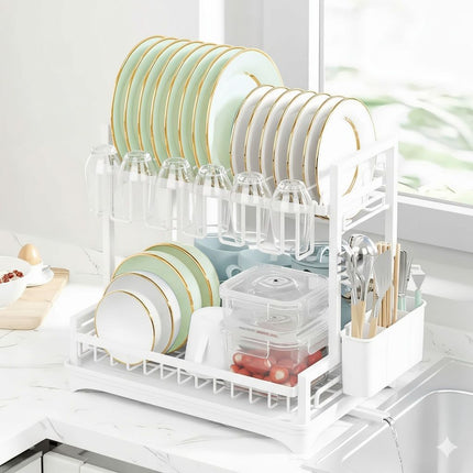 CARLA HOME Dish Drying Rack 2-Tier Kitchen Drainer with Drainboard (White).