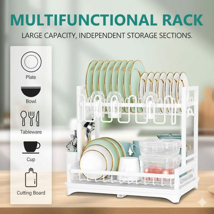 CARLA HOME Dish Drying Rack 2-Tier Kitchen Drainer with Drainboard (White).