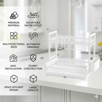 CARLA HOME Dish Drying Rack 2-Tier Kitchen Drainer with Drainboard (White).