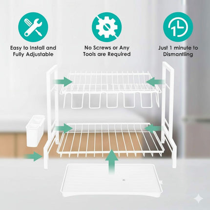 CARLA HOME Dish Drying Rack 2-Tier Kitchen Drainer with Drainboard (White).