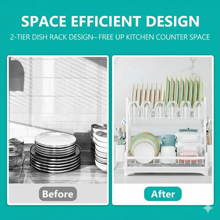 CARLA HOME Dish Drying Rack 2-Tier Kitchen Drainer with Drainboard (White).
