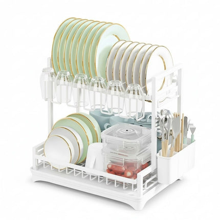 CARLA HOME Dish Drying Rack 2-Tier Kitchen Drainer with Drainboard (White).