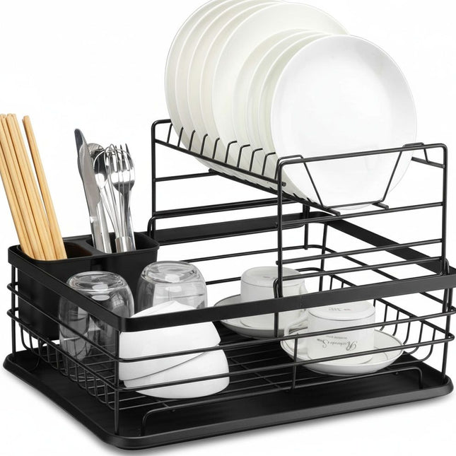 CARLA HOME 2-Tier Dish Drying Rack for Kitchen Counter with Removable Drip Tray, Utensil Holder and Cutlery Organizer (Black).