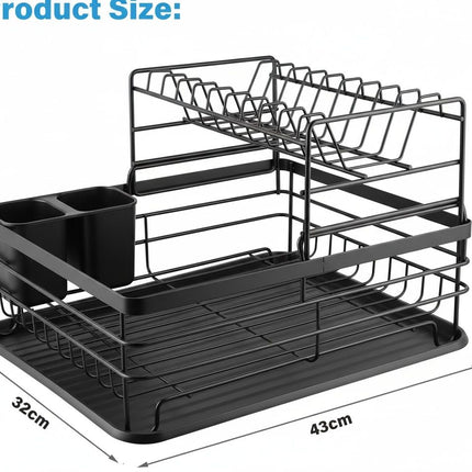 CARLA HOME 2-Tier Dish Drying Rack for Kitchen Counter with Removable Drip Tray, Utensil Holder and Cutlery Organizer (Black).