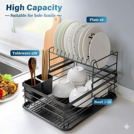 CARLA HOME 2-Tier Dish Drying Rack for Kitchen Counter with Removable Drip Tray, Utensil Holder and Cutlery Organizer (Black).