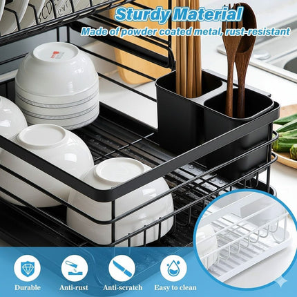 CARLA HOME 2-Tier Dish Drying Rack for Kitchen Counter with Removable Drip Tray, Utensil Holder and Cutlery Organizer (Black).