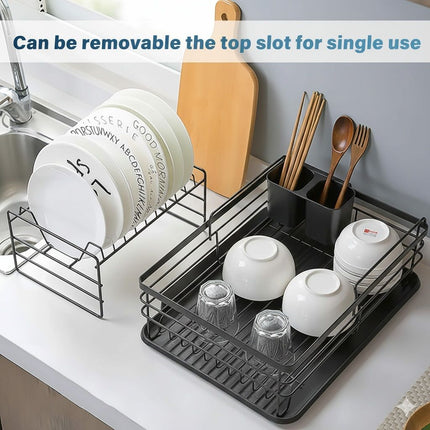 CARLA HOME 2-Tier Dish Drying Rack for Kitchen Counter with Removable Drip Tray, Utensil Holder and Cutlery Organizer (Black).