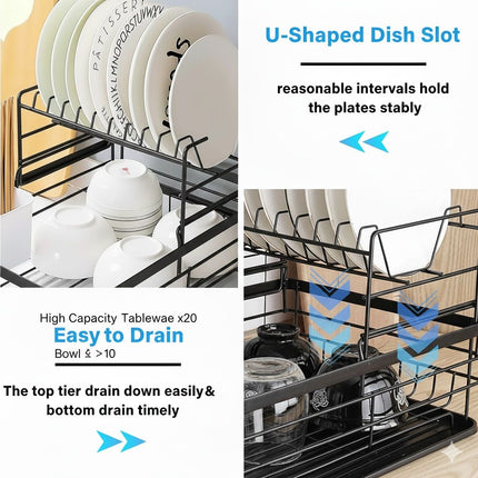 CARLA HOME 2-Tier Dish Drying Rack for Kitchen Counter with Removable Drip Tray, Utensil Holder and Cutlery Organizer (Black).