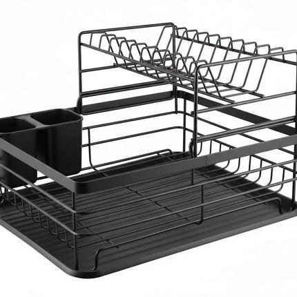 CARLA HOME 2-Tier Dish Drying Rack for Kitchen Counter with Removable Drip Tray, Utensil Holder and Cutlery Organizer (Black).