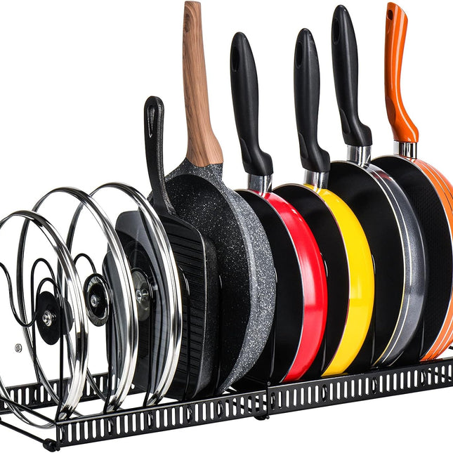 CARLA HOME Expandable Pot and Pan Organizer Rack for Cabinet with 10 Adjustable Dividers, Lid & Cookware Holder for Kitchen Pantry or Countertop Storage.