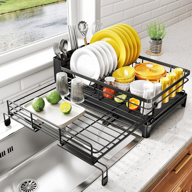 CARLA HOME Expandable Dish Drying Rack with Drainage Spout, Utensil Holder & Drainboardfor Kitchen Countertop Organizer (1 tier).