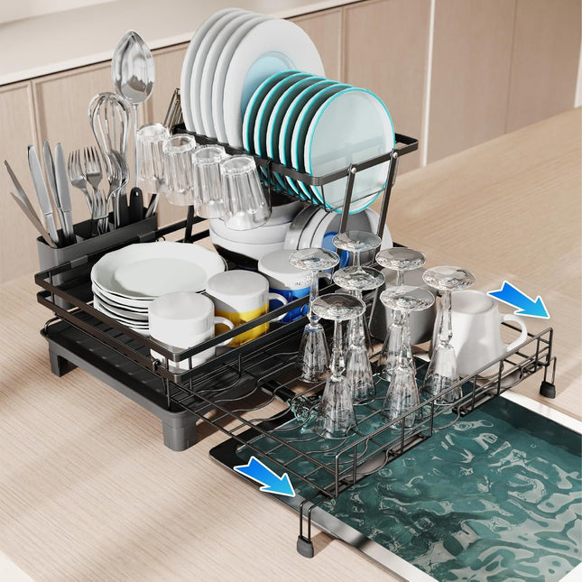 CARLA HOME Expandable Dish Drying Rack with Drainage Spout, Utensil Holder & Drainboardfor Kitchen Countertop Organizer (2 tier).