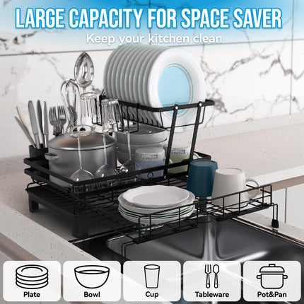 CARLA HOME Expandable Dish Drying Rack with Drainage Spout, Utensil Holder & Drainboardfor Kitchen Countertop Organizer (2 tier).
