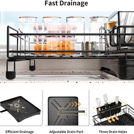 CARLA HOME Expandable Dish Drying Rack with Drainage Spout, Utensil Holder & Drainboardfor Kitchen Countertop Organizer (2 tier).