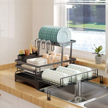 CARLA HOME Expandable Dish Drying Rack with Drainage Spout, Utensil Holder & Drainboardfor Kitchen Countertop Organizer (2 tier).